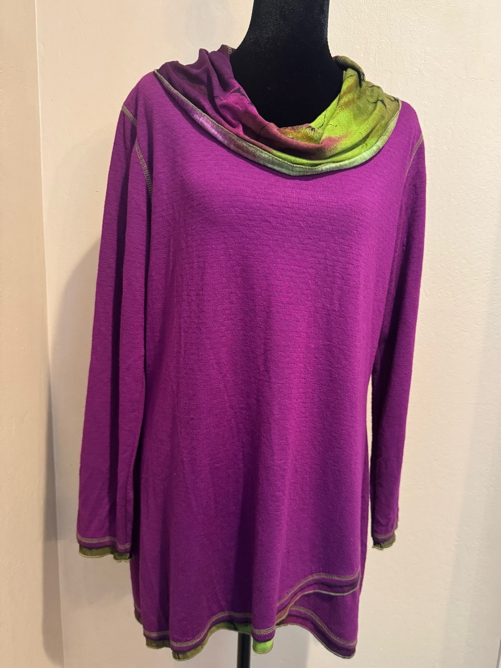 Parsley & Sage Vibrant Purple Tunic W/Lime Green & Purple Watercolor Cowl Neck